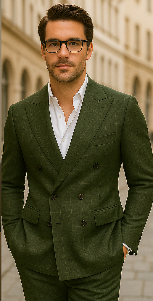 Italian Double Breasted Windowpane Wool Suit