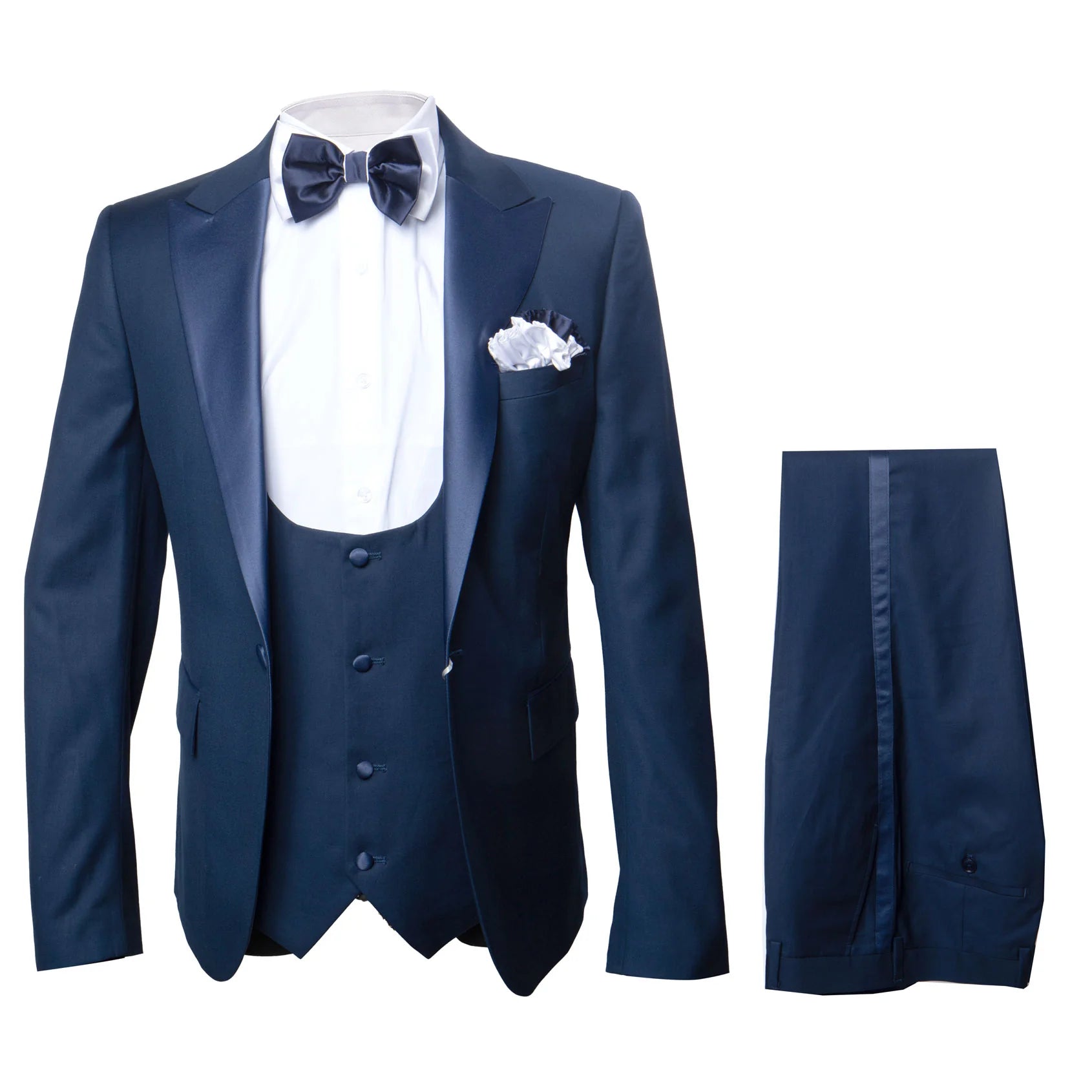 Men's Navy Satin Peak Lapel Tuxedo 3-Piece Set