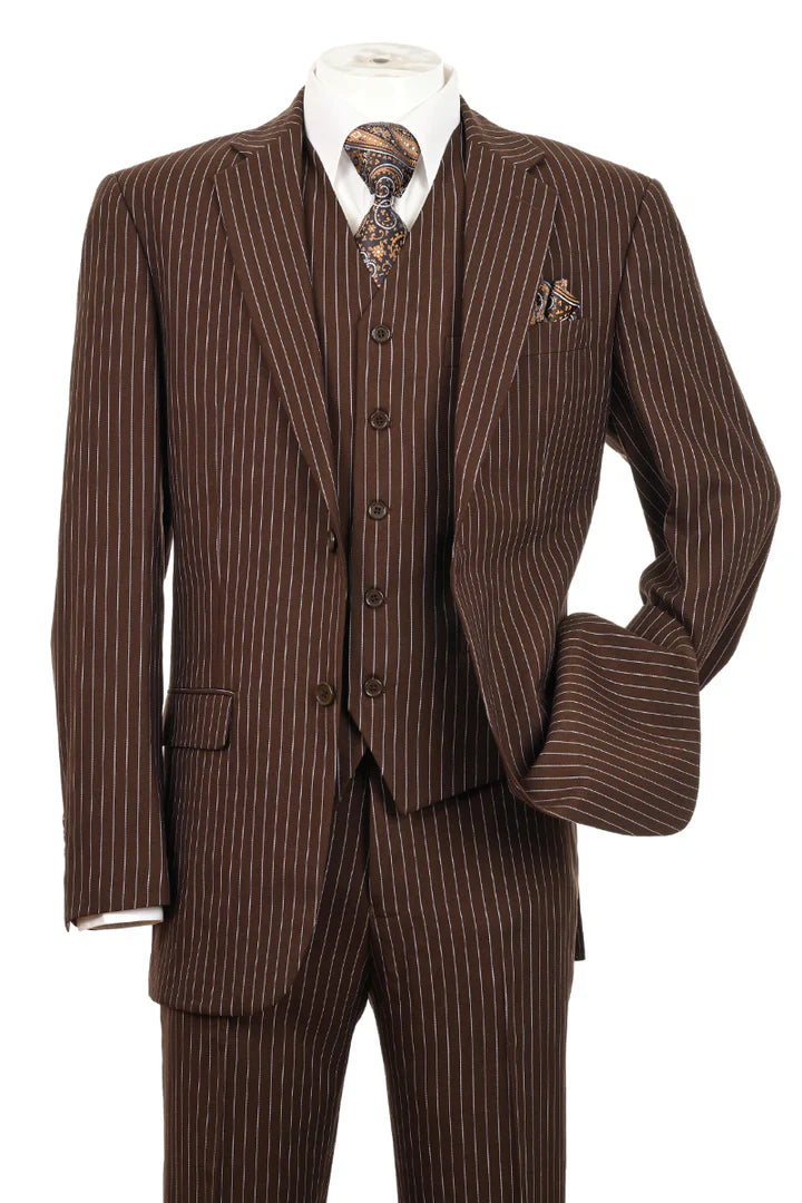 Men’s Brown Pinstripe 3-Piece Suit with Vest