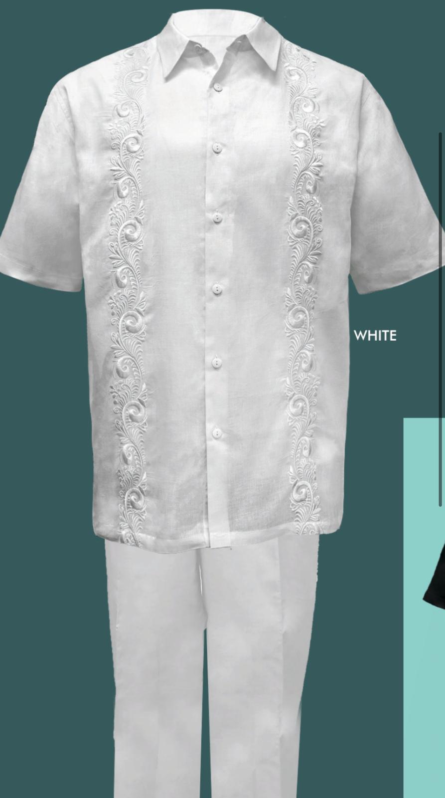 White Linen Embroidered Guayabera Set