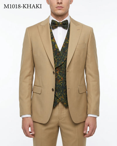 Menβs Khaki 3 Piece Suit with Patterned Vest, Great Gatsby Inspired Formal Suit for Weddings, Mardi Gra in Tan Camel Color