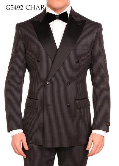 Men’s Black Shadow Pinstripe Double-Breasted Tuxedo Tone on Tone Formal Wedding Suit Modern Fit 1920s Style