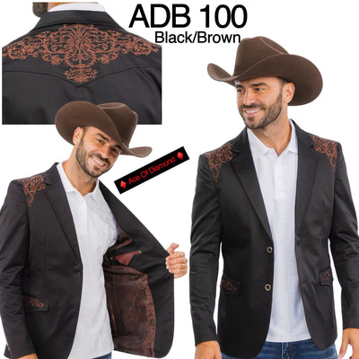 Men’s Black & Brown Western Blazer – Cowboy Sport Coat with Brown Embroidered Shoulder & Back Design