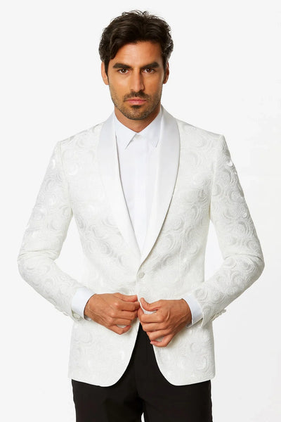 Menβs White Paisley Disco Blazer 1980s Style Jacket β Shawl Lapel Formal Party Blazer, Elegant Masquerade Club Wear, Stylish Evening Outfit