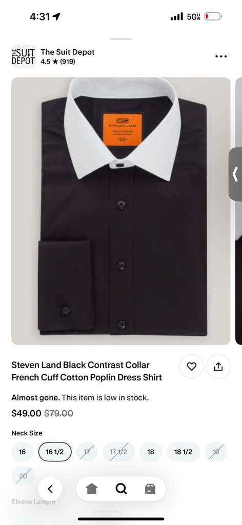 Men’s Black Dress Shirt with White Contrast Collar | French Cuff Cotton Poplin Formal Button-Up Shirt