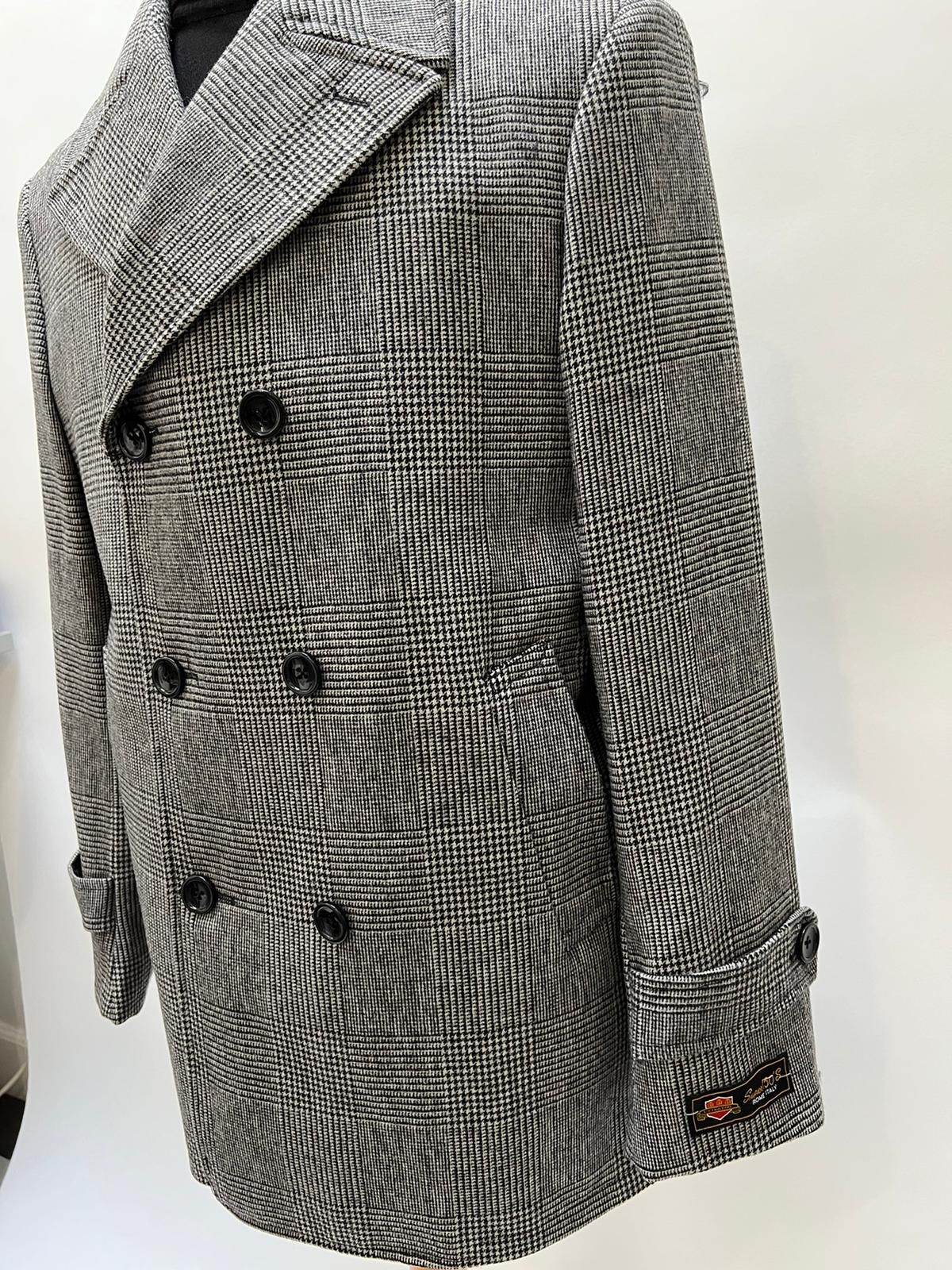 Grey Plaid Double-Breasted Overcoat with Faux Fur Collar