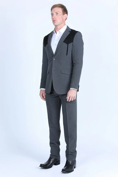 Menβs Dark Charcoal Western Blazer with Black Suede Yokes, Cowboy Sport Coat for Ranch Wedding and Country Events By Platini