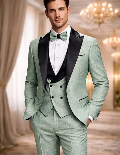 Menβs Sage Green Wedding Tuxedo with Black Shawl Lapel β 3 Piece Groom Prom Suit Mintish Color