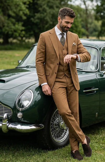 Menβs Tan Groom Outfit Country Wedding 3 Piece Suit Khaki Camel Color Modern Fit