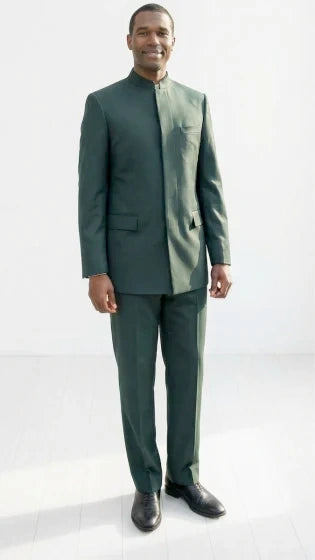 Menβs Olive Green Tuxedo Mandarin Collar Suit β Modern Nehru Style Formal Suit for Wedding Banded Collar