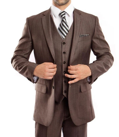 Menβs Brown Sharkskin 3 Piece Suit β Textured Two Button Vested Business Formal Suit for Wedding, Party Wear Vested