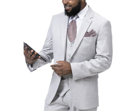 Menβs Light Grey Sharkskin 3 Piece Suit β Two Button Vested Modern Formal Business Suit for Wedding in silver Ice Gray