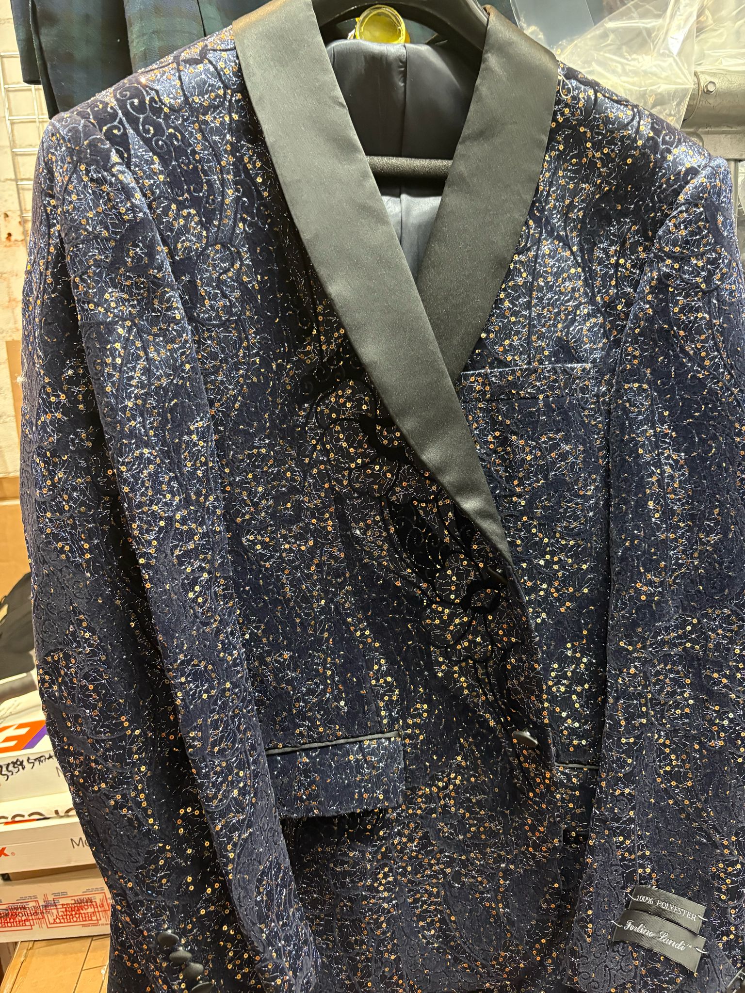 Navy Blue Sequin Tuxedo Jacket with Satin Lapel