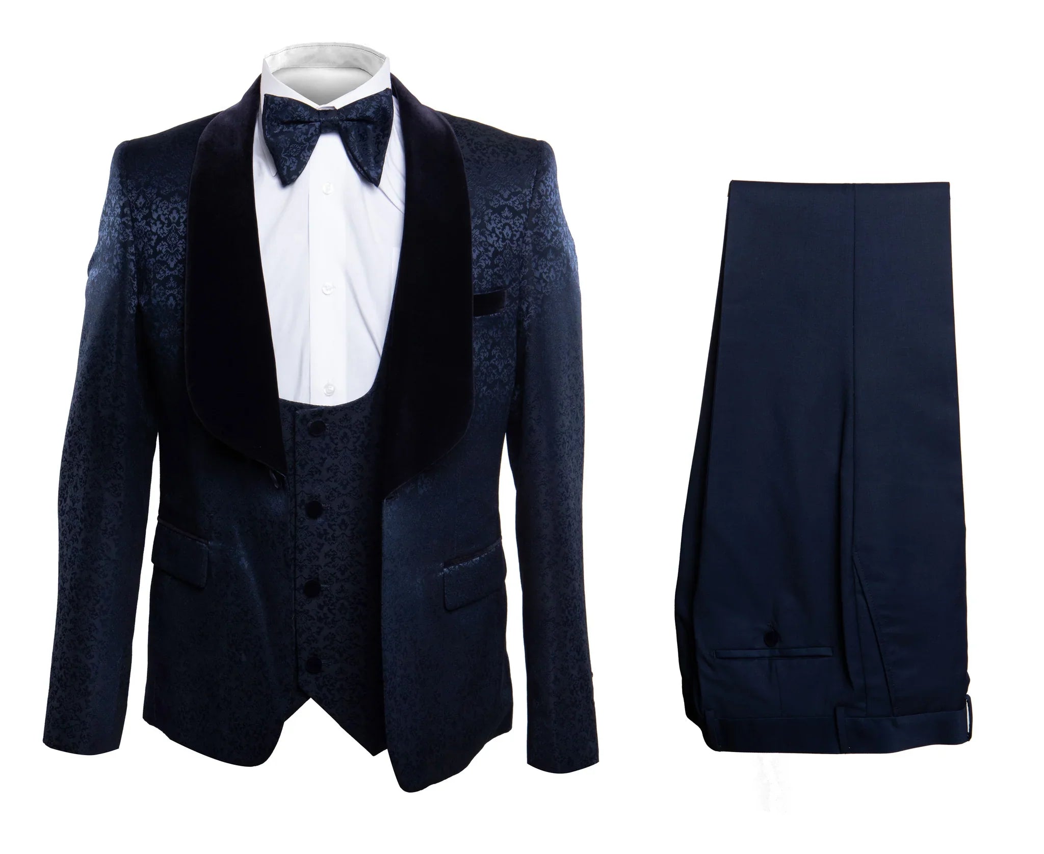 Navy Jacquard Tuxedo with Velvet Lapel - 3 Piece