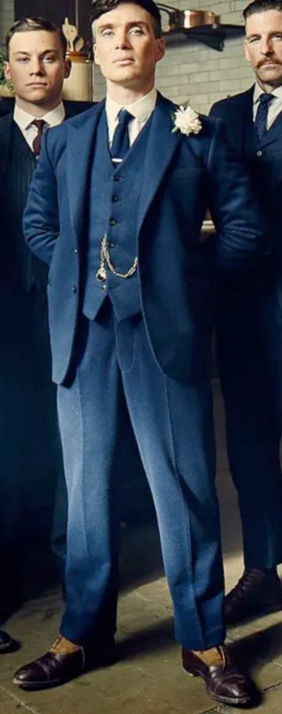 Menβs Blue 3 Piece Suit, Thomas Shelby Inspired Vintage Formal Suit Herringbone Tweed 1920s fabric
