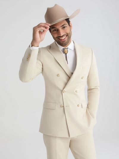 Menβs Tan Linen Cowboy Suit, Double Breasted Western Wedding Formal Western Suit Country style in Beige Tan Color