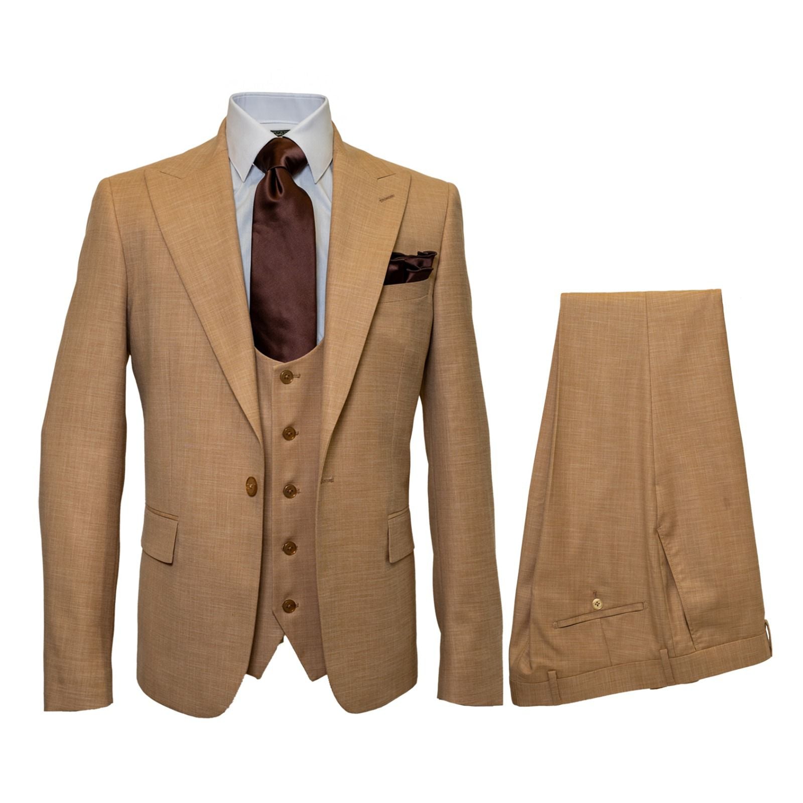 Men's Tan Three-Piece Suit with Vest – Classic Tailored Fit in camel khaki Bronze color By Rossiman