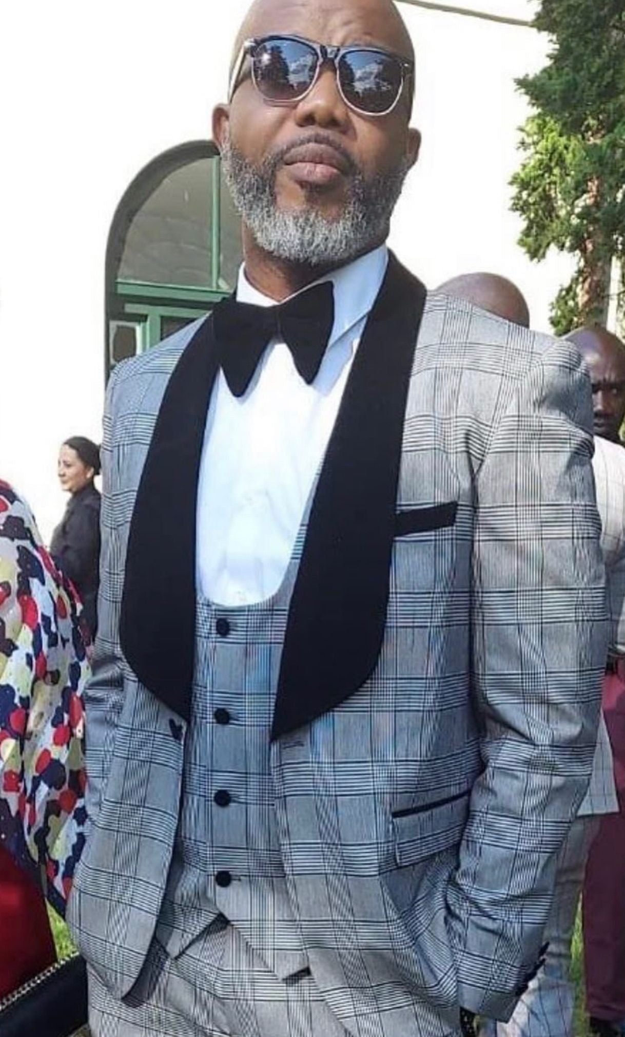 Men's Black and White Plaid Tuxedo – 3 Piece Suit with Black Velvet Shawl Lapel - Gray Glein Tartan Pattern Wedding Suit