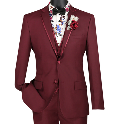 Menβs Burgundy Western Tuxedo Suit, 3 Piece Cowboy Formal Wedding Prom Suit with Satin Trim