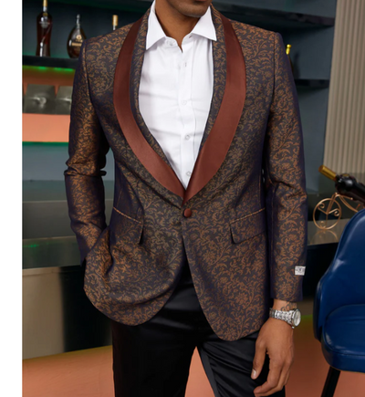 Menβs Light Brown Paisley Tuxedo Jacket, Wedding Prom Dinner Blazer with Satin Shawl Lapel