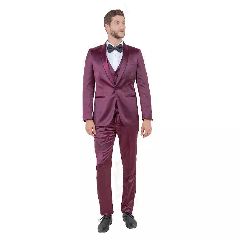 Burgundy Slim Fit Sateen Tuxedo with Shawl Lapel