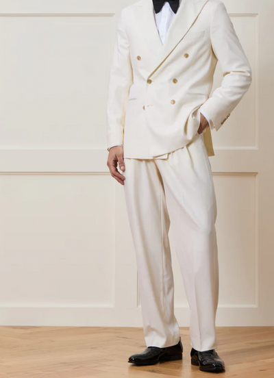 Menβs Ivory Double-Breasted Tuxedo β Gold Button Wedding, Prom and Formal Suit