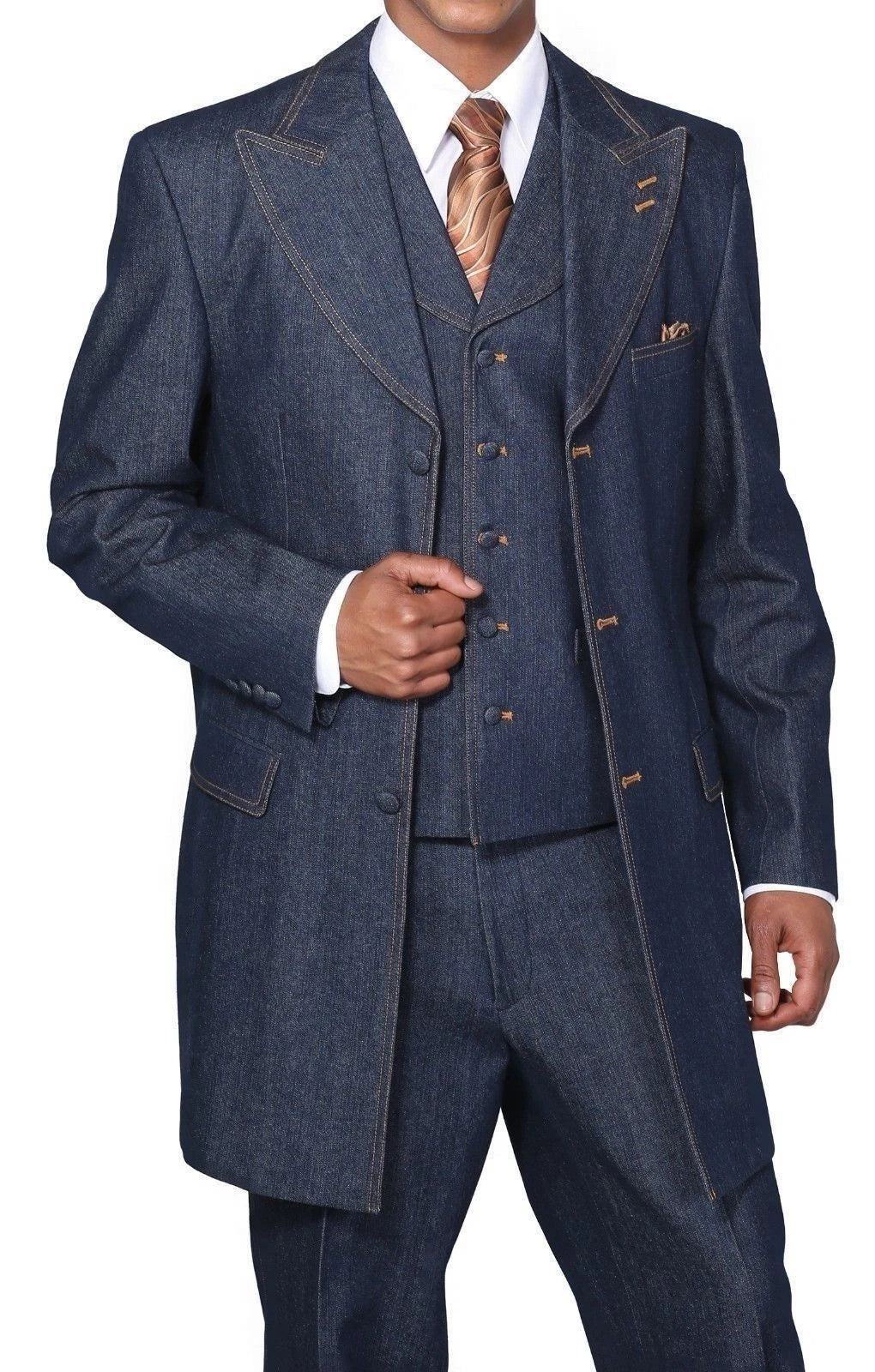 Men’s Cotton Denim Three-Piece Suit – Modern Blazer Denim Suit with Vest and Trousers Pleated Pants Classic Fit