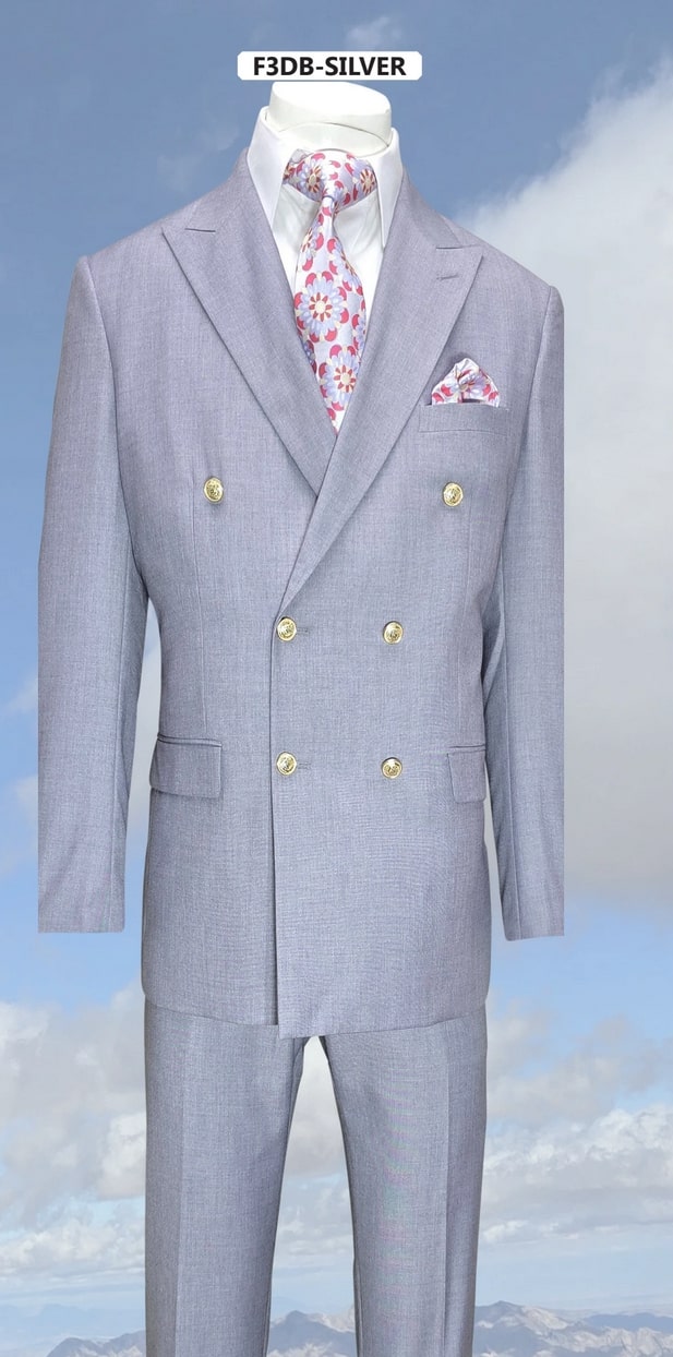 Silver Double-Breasted 3-Piece Suit - Tailored Fit