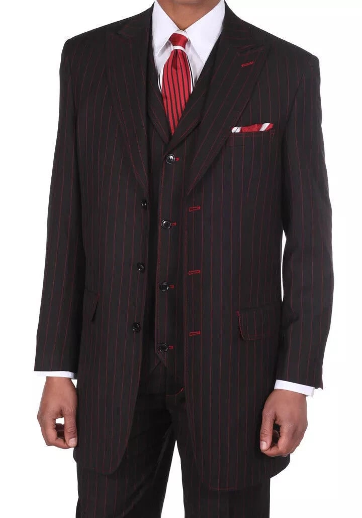 Men's 1920s Black Red Pinstripe Zoot Suit 3-Piece