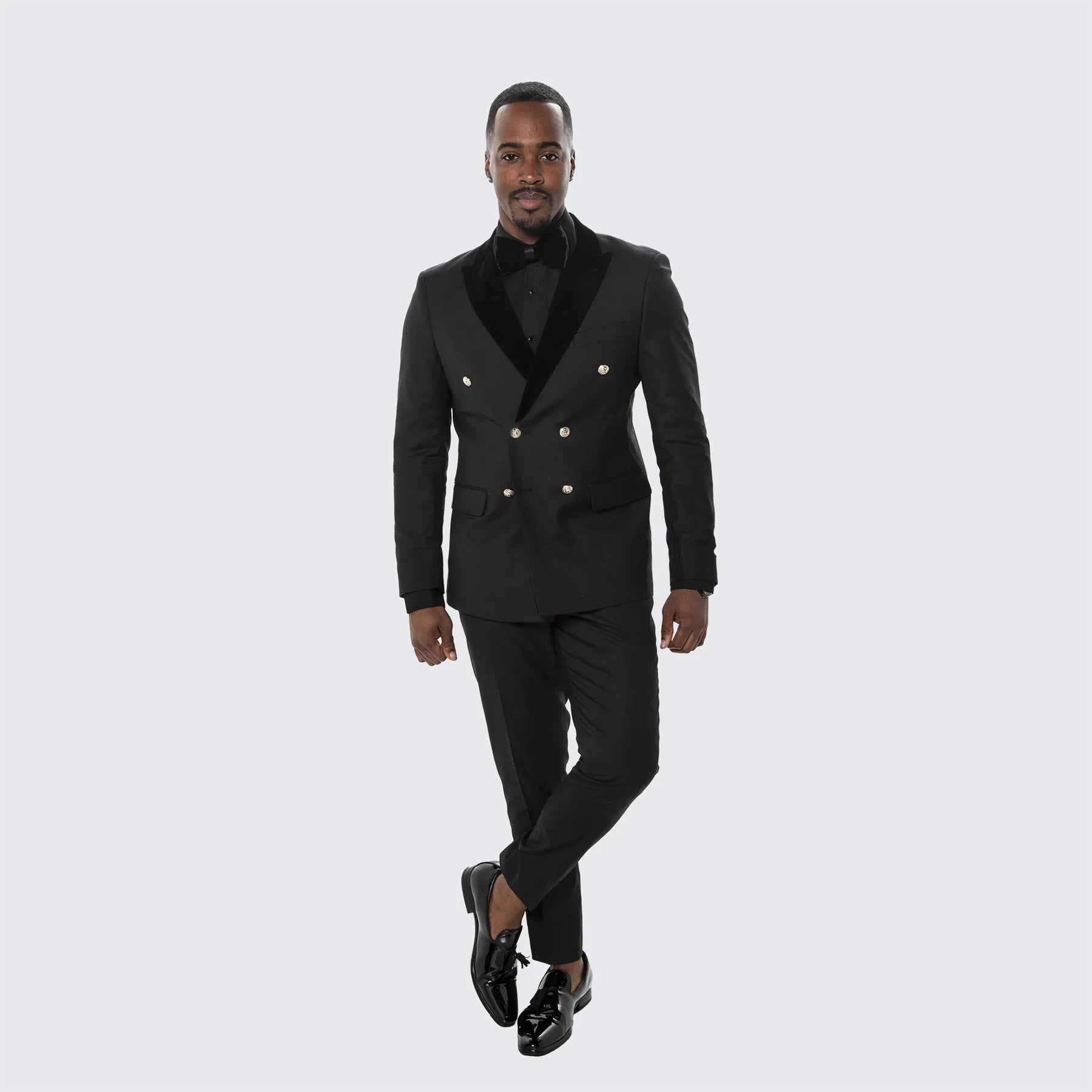 Men’s Black Double Breasted Tuxedo Suit – Luxury Formal Dinner Jacket Gold Buttons Velvet Lapel