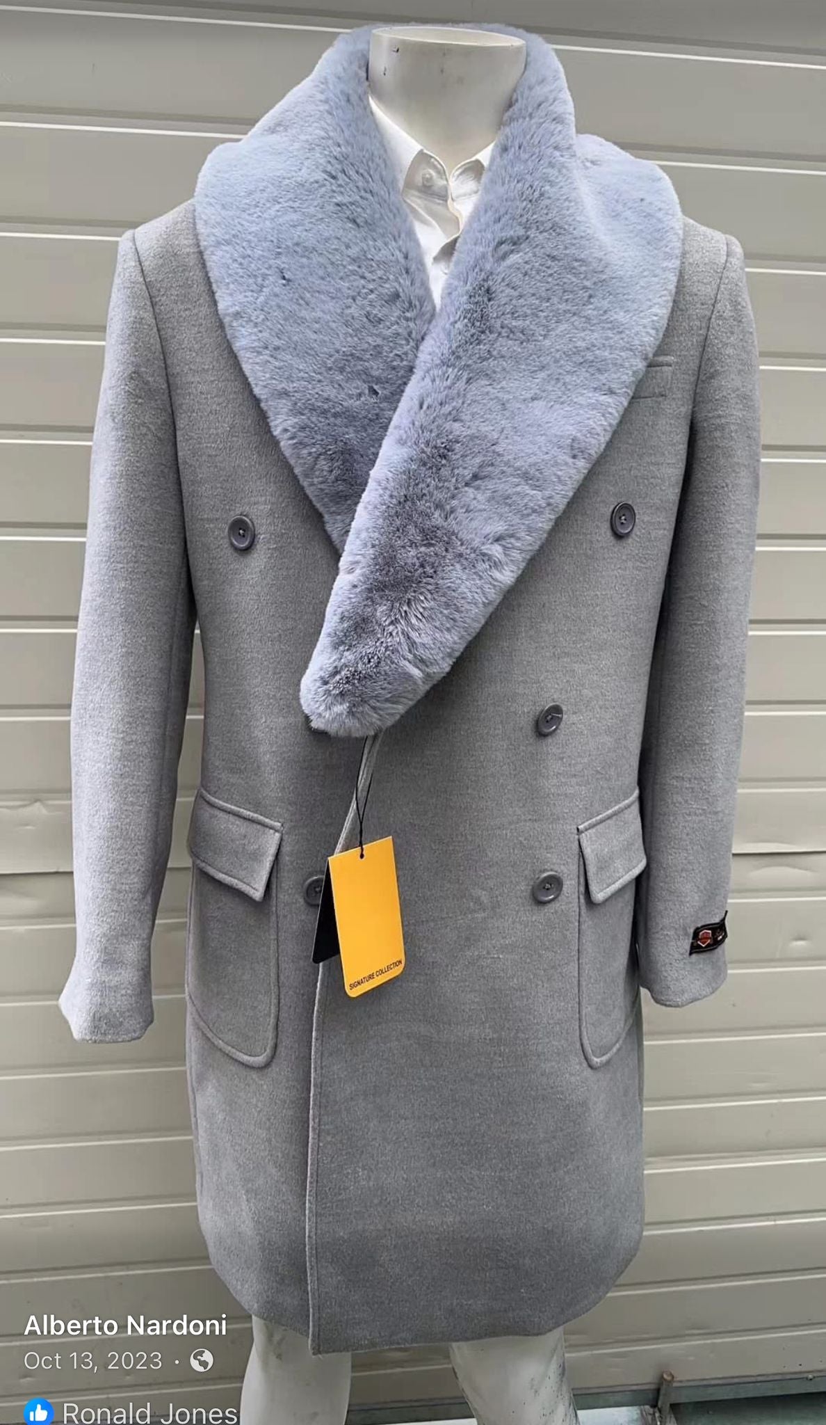 Grey Double Breasted Overcoat with Faux Fur Collar