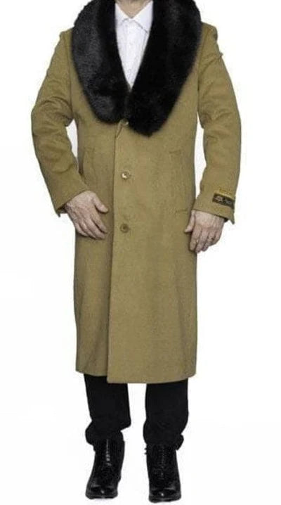 Men’s Camel Tan Long Overcoat with Black Faux Fur Collar - Wool Topcoat Three if not Full length