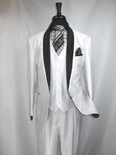 Men’s White Shiny Flashy Fabric Tuxedo Suit with Black Shawl Lapel | Luxury Formal Wedding and Evening Suit Sharkskin Metallic Fabric