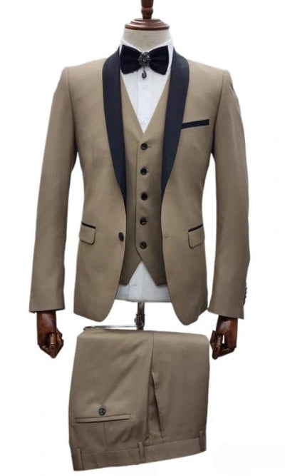 Men’s Western Cowboy Suit – 3-Piece Tan Tuxedo with Black Lapel, Vest, and Pants Beige Color