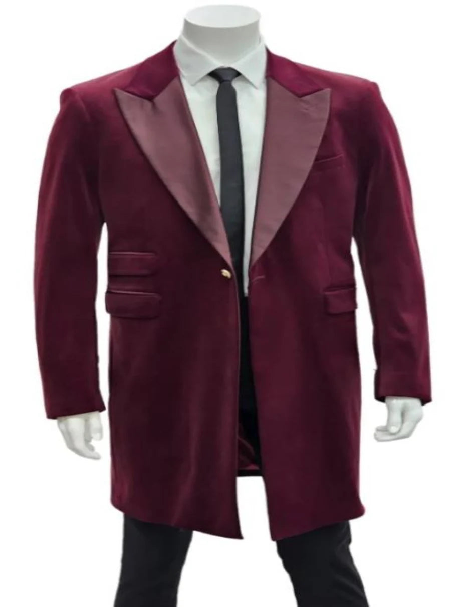 Men’s Burgundy Tuxedo in Velvet Long Blazer – Victorian Cutaway Tuxed Suit 1920s Gangster Style Long Jacket with Black Pants
