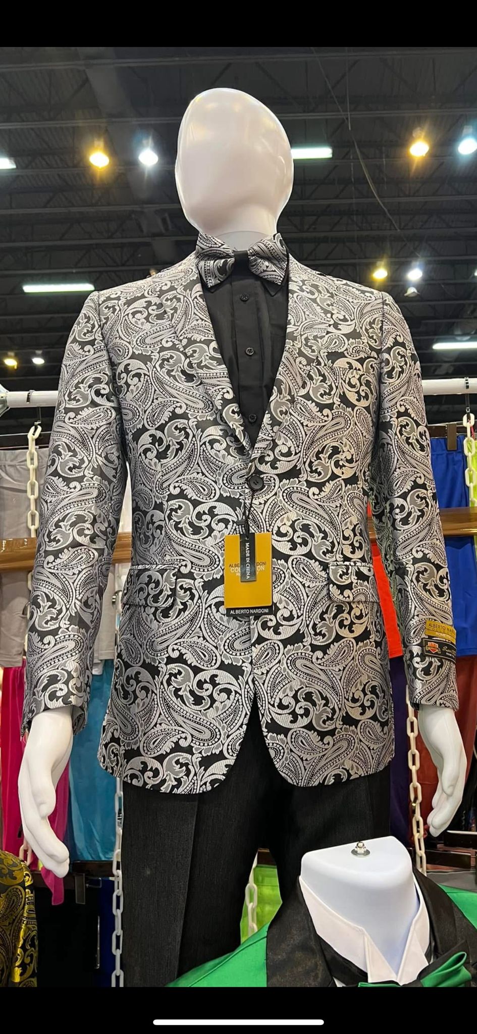 Men’s Black and Silver Paisley Tuxedo Jacket wiith Matching Bow Tie and Black Pants