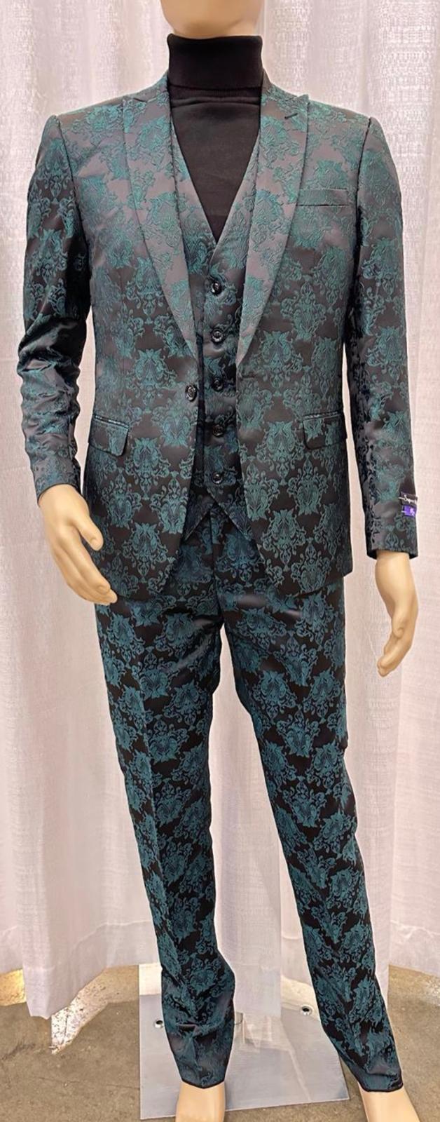 Men’s Emerald Green Floral Jacquard 3-Piece Tuxedo Suit – Slim Fit Formal Set with Blazer, Vest, and Pants Paisley Fabric - Ultra slim fitted