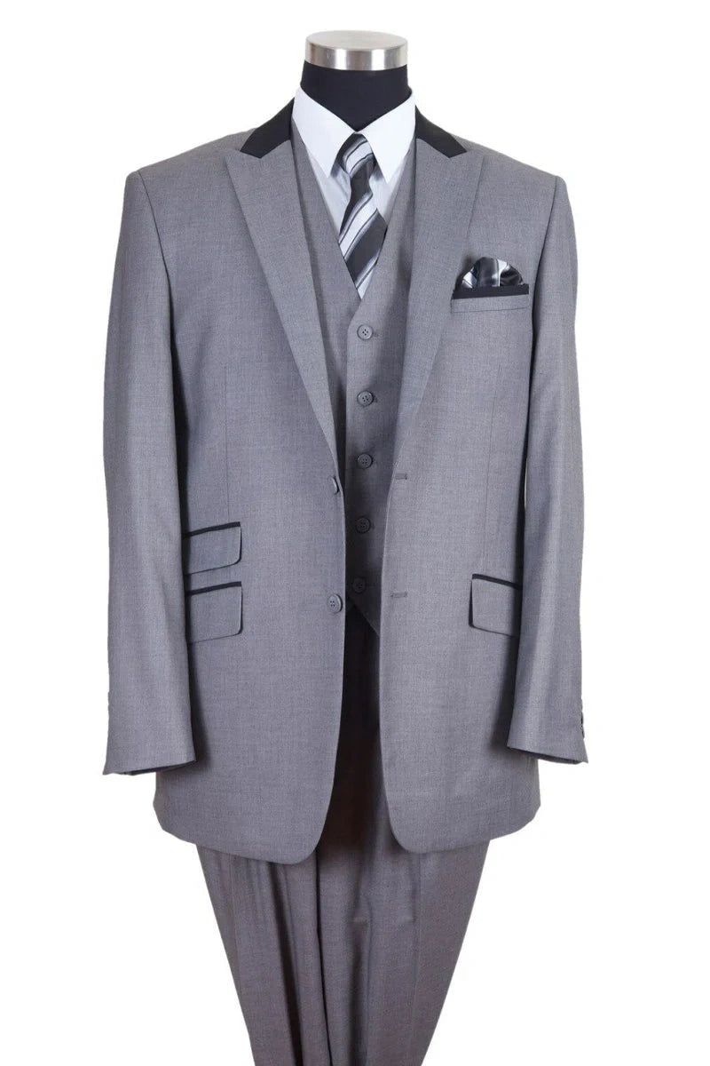 Men’s Light Gray Three Piece Suit with Black Chesterfield Collar – Classic Formal Weddings and Business Suit Set 1920s Vintage