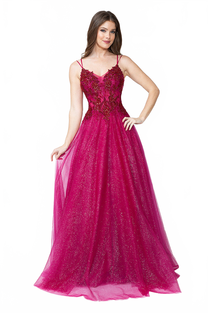 Glitter Tulle A-Line Gown with Floral Lace Appliqué Bodice and Double Spaghetti Straps Prom Dress By Lenovia 8182