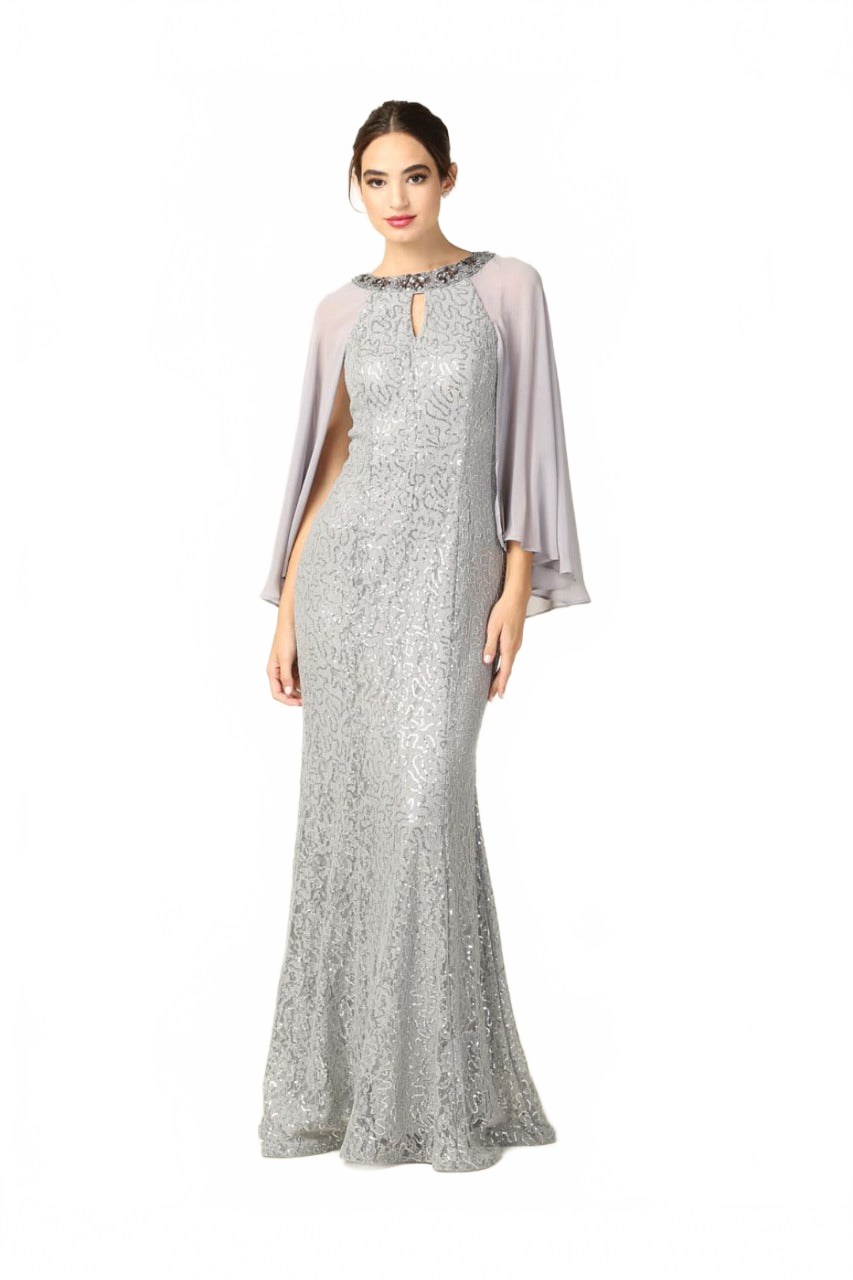 Eva USA 3276 Mother of the Bride Keyhole Neck Sequin Cape Dress