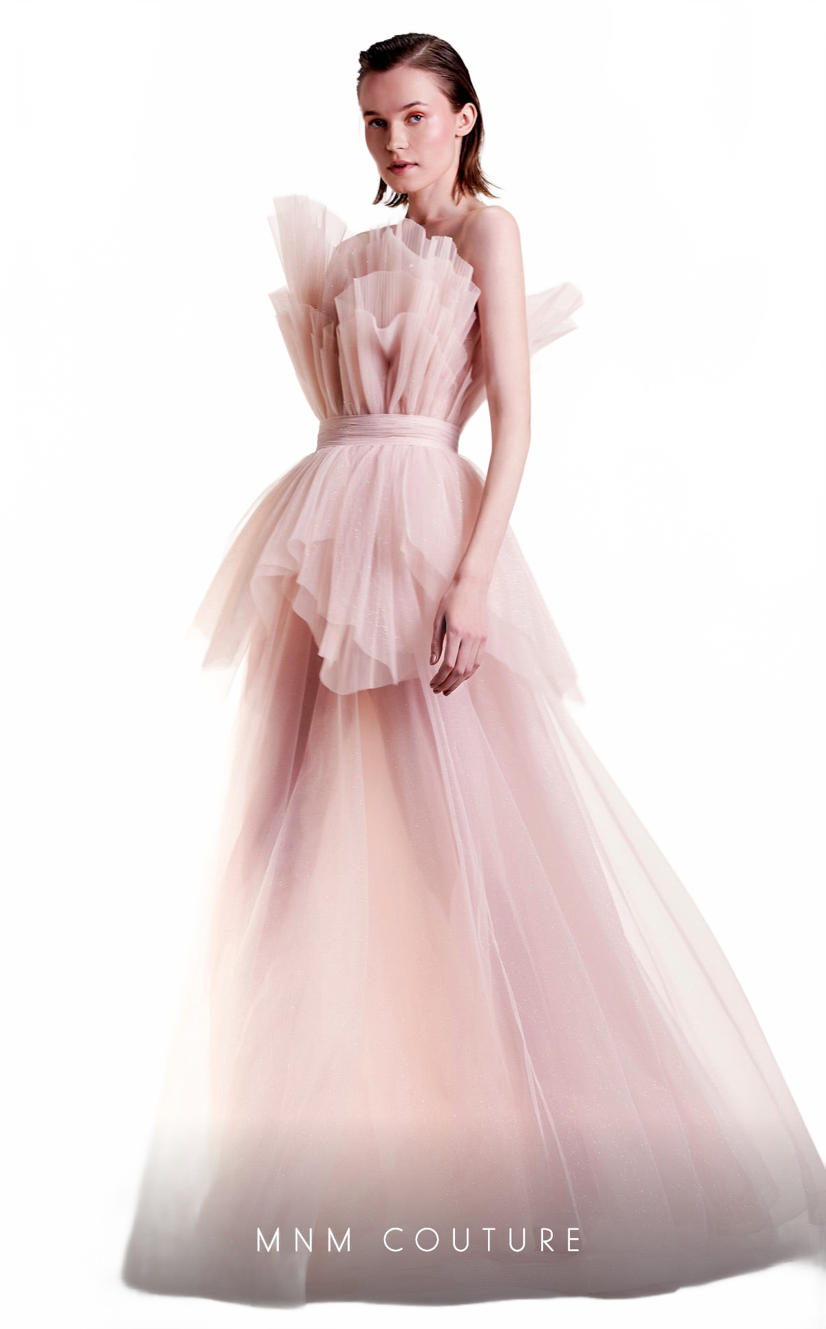 Gaby Charbachy G1435 Strapless Layered Tulle Couture Evening Gown in Pink