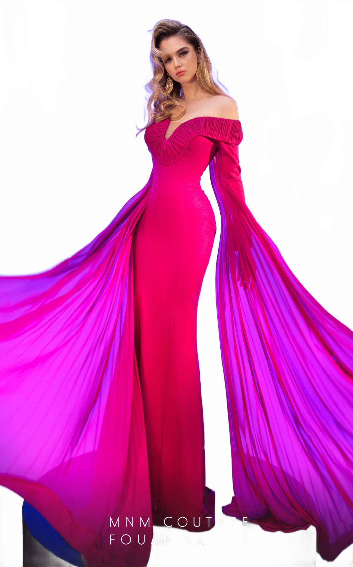 Fouad Sarkis 2793 Off-Shoulder Gown with Flowing Pleated Panels