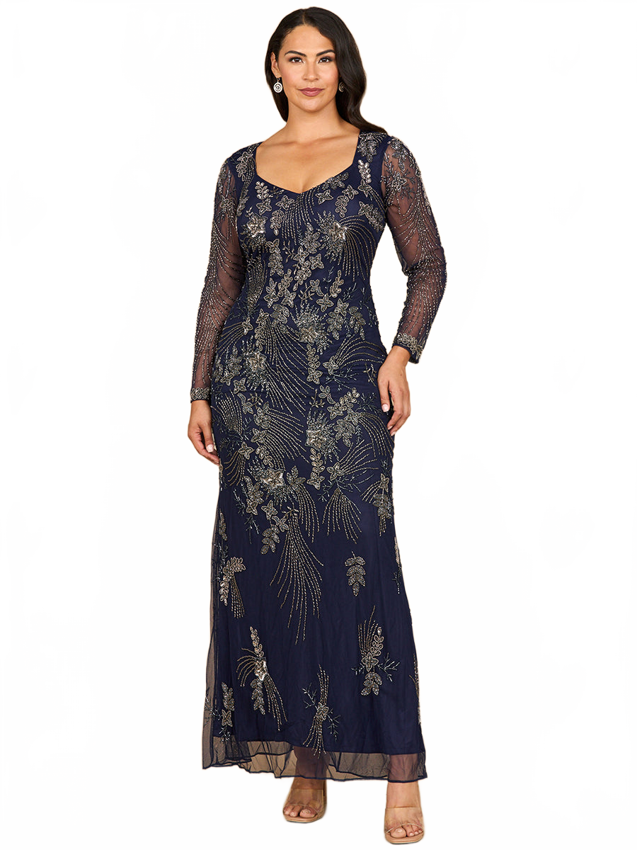 Long Sleeve Queen Anne Beaded Gown