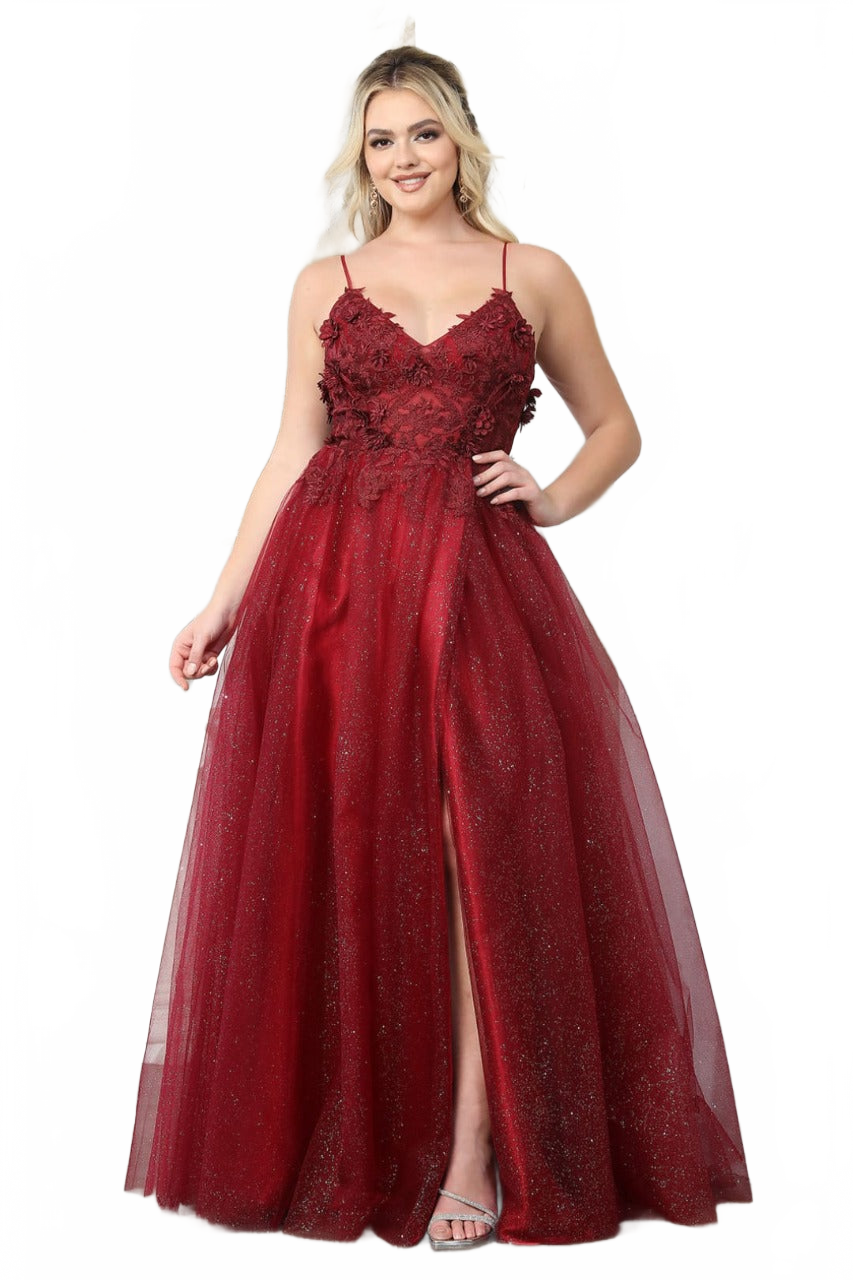 May Queen MQ2011 Spaghetti Strap Floral Embellished Tulle Evening Gown
