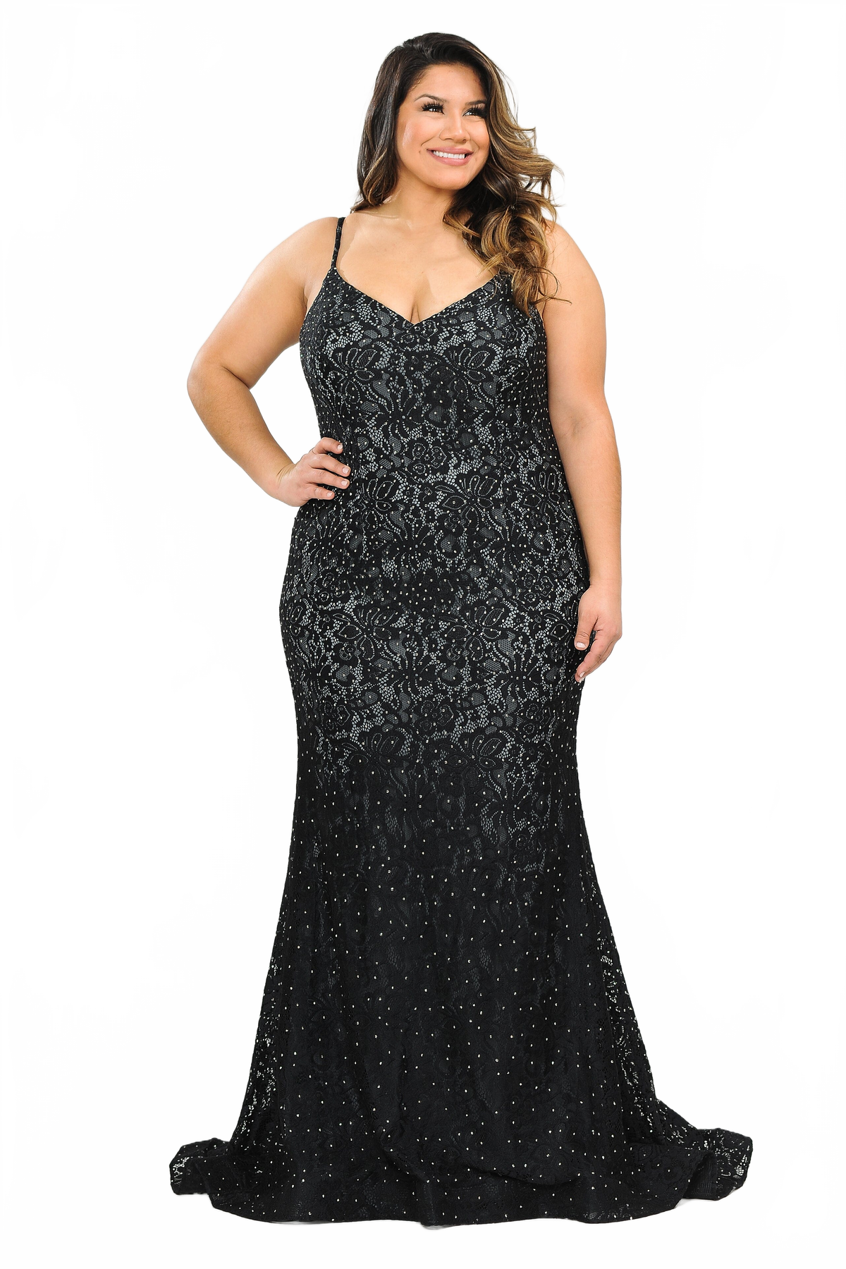Poly USA W1090 Plus Size Long Floral Lace V-Neck Dress