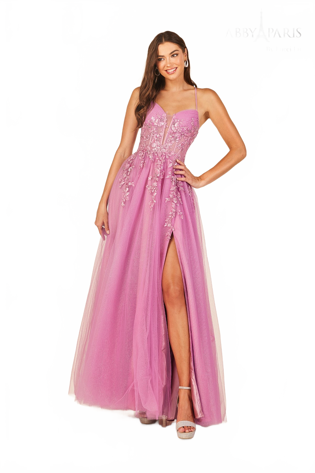 Abby Paris 90336 Applique Corset A-line Slit Evening Gown