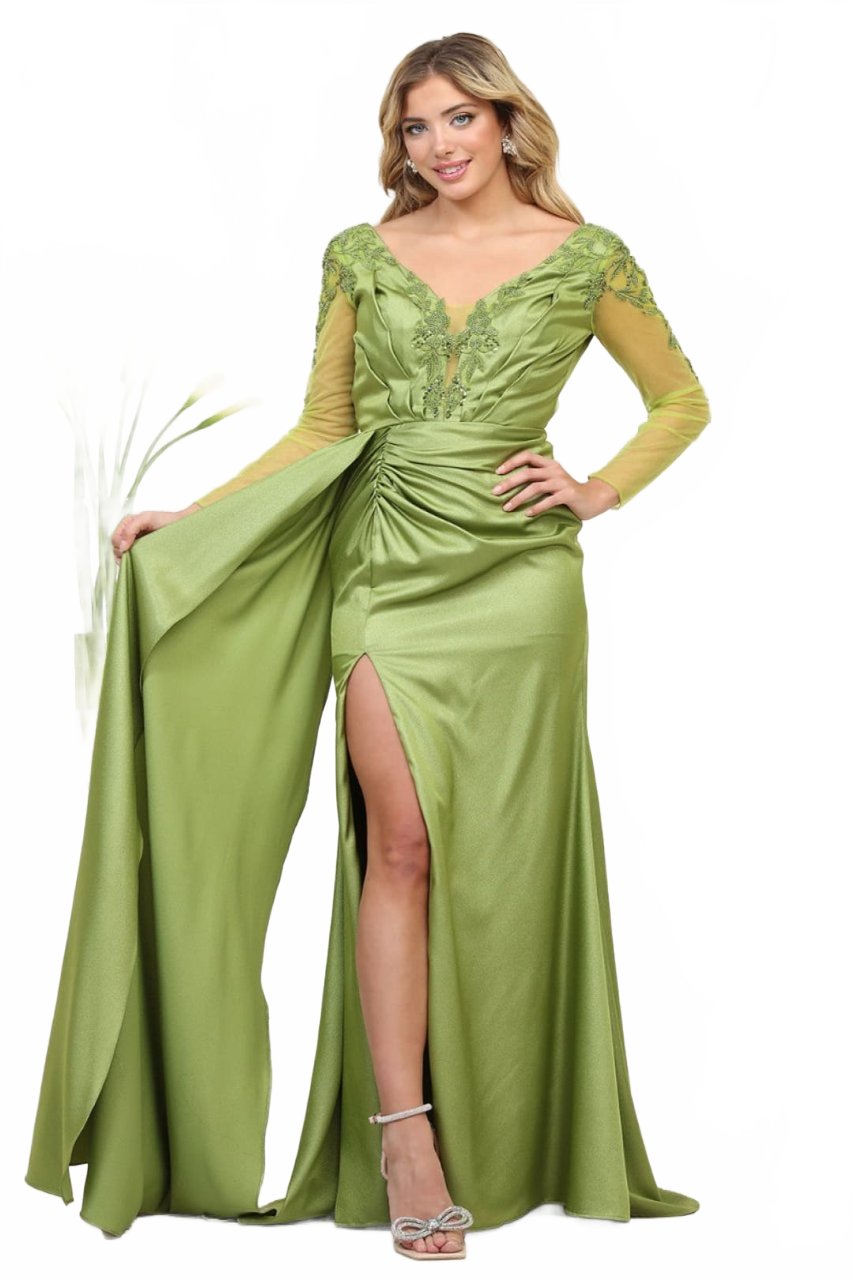 Royal Queen RQ8045 Plunging V-Neck High Slit Satin Long MOB Gown