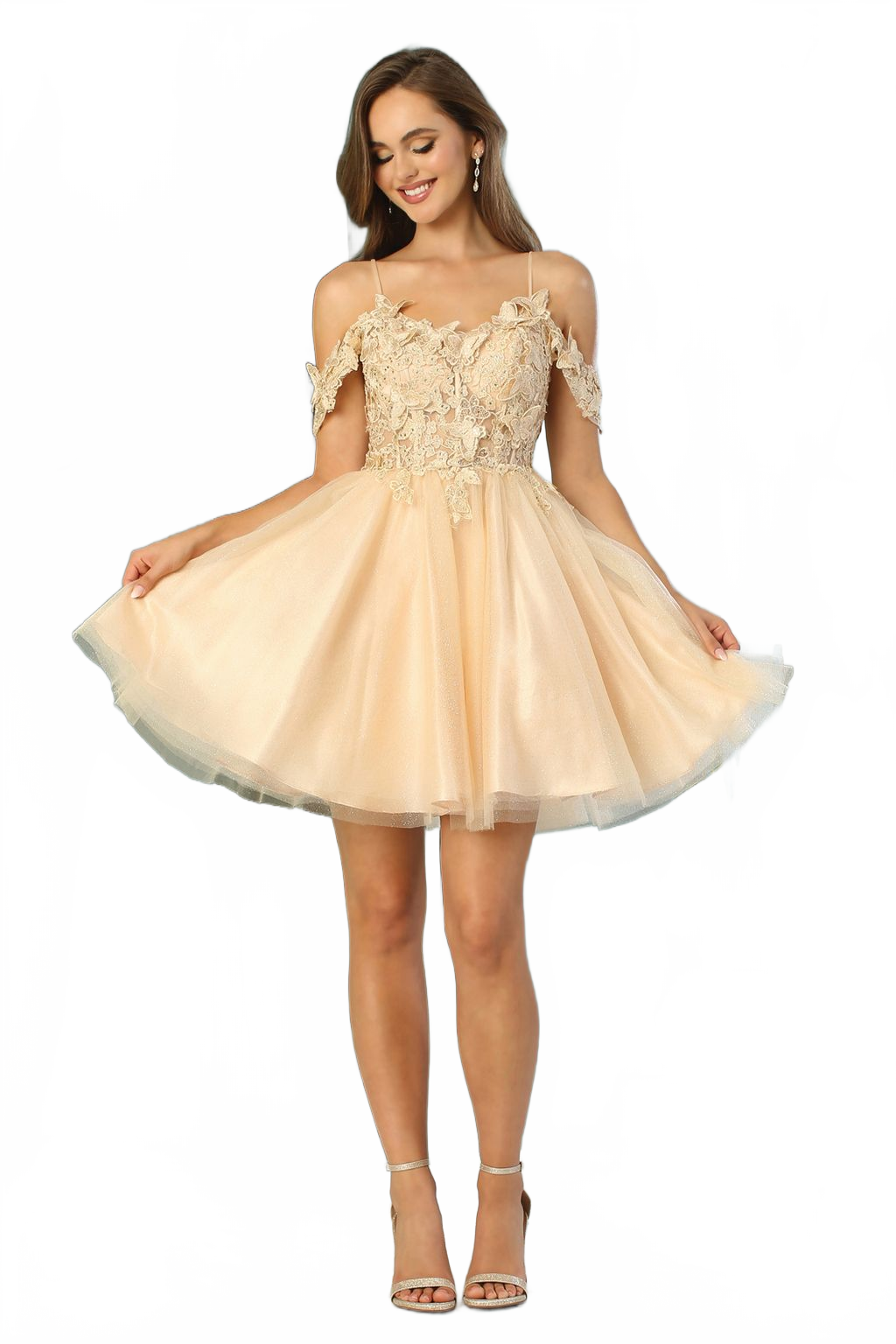 Adora Design 1052 Off Shoulder Glitter Applique A Line Mini Dress