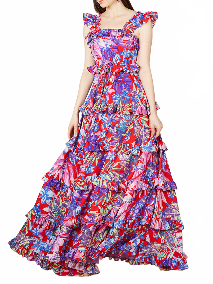 Lara 29271 Red and Purple Floral Print Wedding Guest Dress with Ruffle Skirt