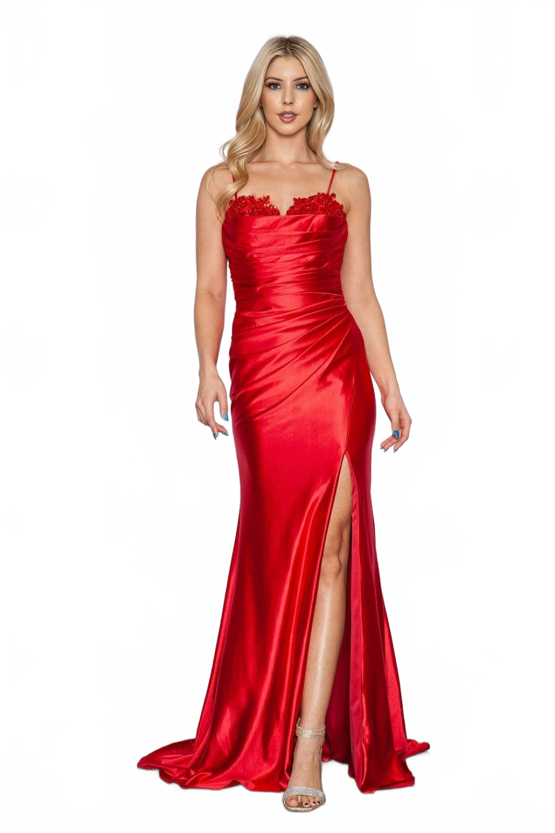 Poly USA 9254 Pleated Bodice Spaghetti Straps Stretchy Prom Gown